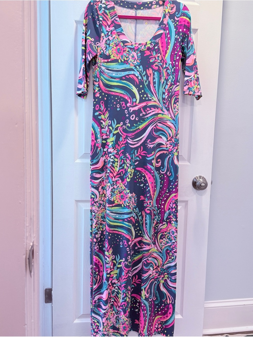 NWOT Lilly Pulitzer Navy Maxi Dress with Neon Pink, Turquoise & Lime Swirl Print